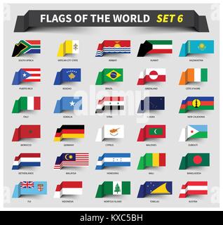 All flags of the world set 6 . Waving ribbon style . Stock Vector