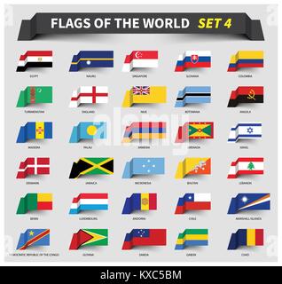 All flags of the world set 4 . Waving ribbon style . Stock Vector