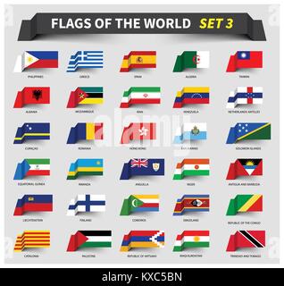 All flags of the world set 3 . Waving ribbon style . Stock Vector