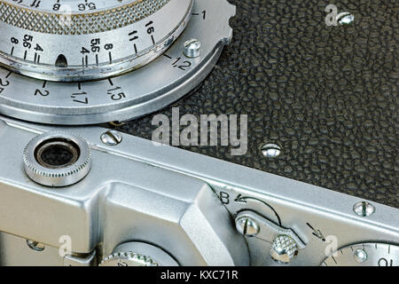 detailed view of old retro camera. part of classic camera closeup. Stock Photo