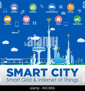 smart city conceptual illustration with various technological icons, futuristic cityscape and modern lifestyle, smart gird, IoT(Internet of Things), Stock Vector