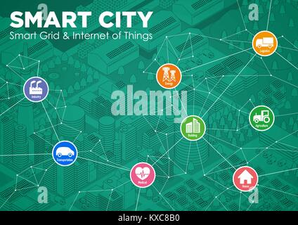 smart city line drawing illustration with various technological icons, futuristic cityscape and modern lifestyle, smart gird, IoT(Internet of Things) Stock Vector