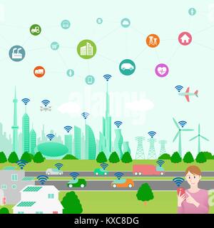 smart city conceptual illustration with various technological icons, futuristic cityscape and modern lifestyle, smart gird, IoT(Internet of Things). Stock Vector