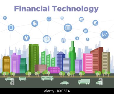 financial technology (FinTech) and smart city, mesh network, internet of things Stock Vector