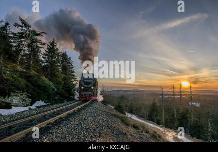 Germany, Saxony-Anhalt, Harz National Park, Brocken, Harz Narrow Gauge Railway in winter Stock Photo