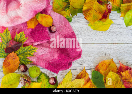 knitted scarf with colorful autumn leaves on a white wooden background closeup Stock Photo