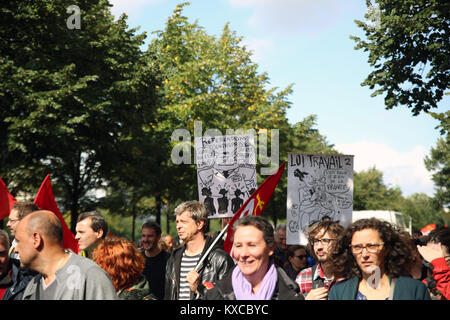 Paris, France. 12th Sep, 2017. Today ten thousands or even more protested against the so called 'loi travail XXL' in Paris, France. At the end it got a little bit violent. The rest of the demonstration was peaceful. Credit: Alexander Pohl/Pacific Press/Alamy Live News Stock Photo