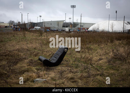 Wasteland adjacent to the Paisley2021 Stadium, pictured before Scottish Championship side St Mirren played Welsh champions The New Saints in the semi-final of the Scottish Challenge Cup for the right to meet Dundee United in the final. The competition was expanded for the 2016-17 season to include four clubs from Wales and Northern Ireland as well as Scottish Premier under-20 teams. Despite trailing at half-time, St Mirren won the match 4-1 watched by a crowd of 2044, including 75 away fans. Stock Photo