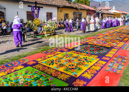 Antigua, Guatemala -  March 25, 2016: Locals reenact biblical scenes in Good Friday procession in town with famous Holy Week celebrations Stock Photo