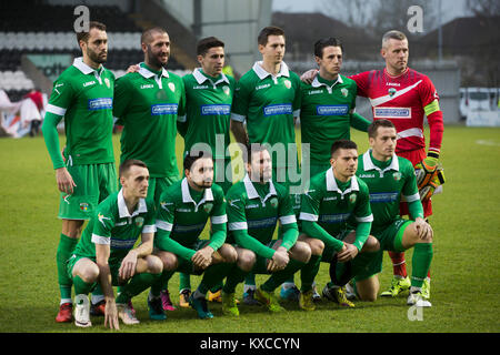 The visiting team posing for a photograph at the Paisley2021 Stadium before Scottish Championship side St Mirren played Welsh champions The New Saints in the semi-final of the Scottish Challenge Cup for the right to meet Dundee United in the final. The competition was expanded for the 2016-17 season to include four clubs from Wales and Northern Ireland as well as Scottish Premier under-20 teams. Despite trailing at half-time, St Mirren won the match 4-1 watched by a crowd of 2044, including 75 away fans. Stock Photo