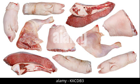 Pieces of raw meat of different varieties for cooking a greasy jelly  snack. Each piece is pre-set in two projections, from above and from below.. Iso Stock Photo