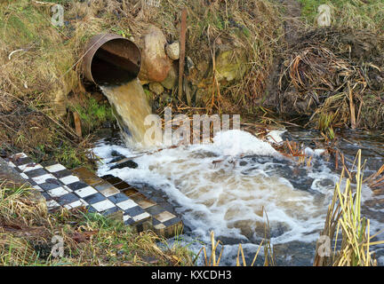 Dirty waste water merges into a clean forest stream. Landscape concept - pollution of the environment Stock Photo