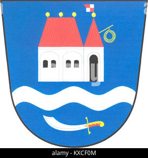 The heraldic shield of Velké nad Velickou in the Czech Republic displays symbols including a silver tower and crossed keys on a red and blue field, reflecting the town’s historic association with ecclesiastical authority and lineage of local nobility. Stock Photo
