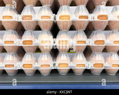 Chicken eggs in plastic packing in the store Stock Photo