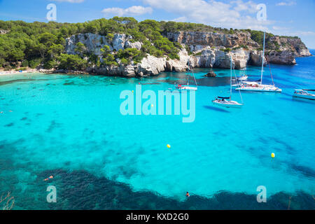 View of Cala Macarella and sailboats, Menorca, Balearic Islands, Spain, Europe Stock Photo