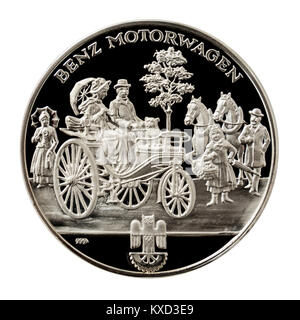 99.9% Proof Silver Medallion featuring Karl Benz on one side and his Benz Patent Motorcar from 1885 on the other side. Stock Photo