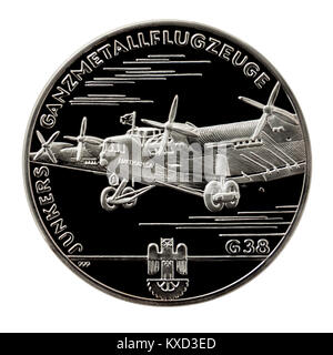 99.9% Proof Silver Medallion featuring the Junkers G.38 transport aircraft on one side and Hugo Junkers, the famous German engineer. Stock Photo