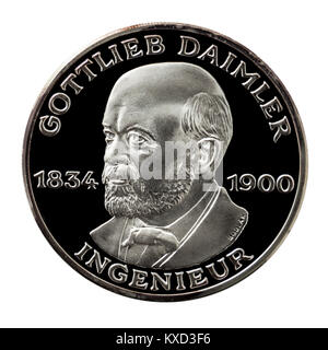 99.9% Proof Silver Medallion featuring Gottlieb Wilhelm Daimler (1834-1900), the founder of Daimler Motoren Gesellschaft (DMG) in 1890. Stock Photo