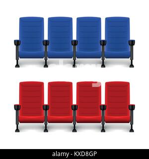 Realistic comfortable movie chairs. Cinema empty seats. Red and blue seat for cinema theater. Vector illustration Stock Vector