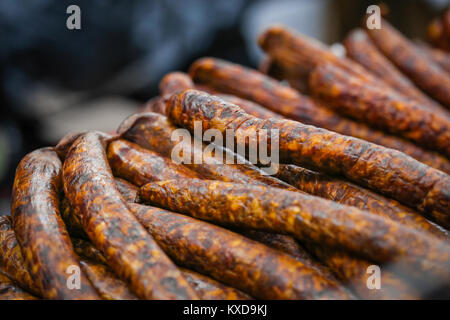 Home made smoked long sausages from Romania Stock Photo