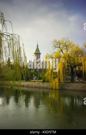 Back view of the Orthodox Metropolitan Cathedral from the Bega river banks in Timisoara, Timis County, Romania Stock Photo