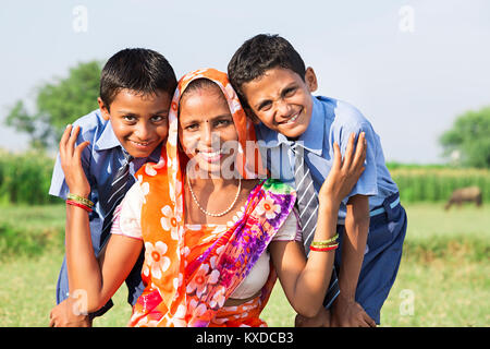 Indian Rural Villager Mother And Kids Students Together Smiling Farm Stock Photo