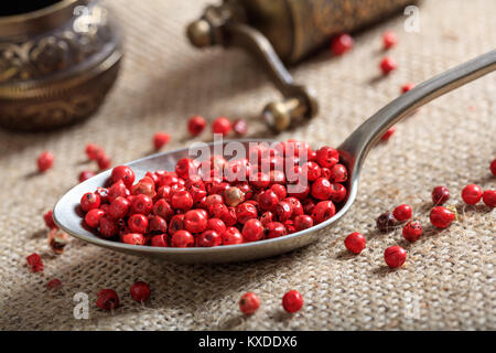 Dried red pepper spice on burlap Stock Photo