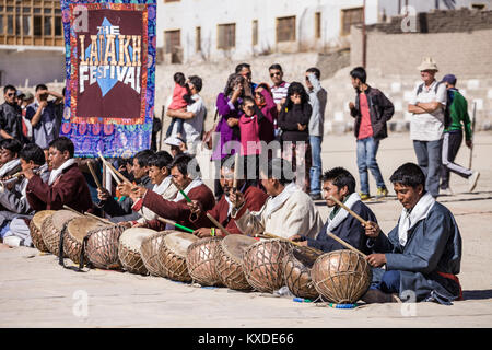 LEH, INDIA - SEPTEMBER 26: Unidentified artists in Ladakhi costumes at the Ladakh Festival on September 26, 2013, Leh, India. Stock Photo