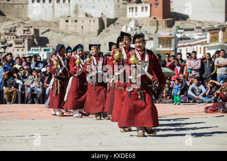 LEH, INDIA - SEPTEMBER 26: Unidentified artists in Ladakhi costumes at the Ladakh Festival on September 26, 2013, Leh, India. Stock Photo