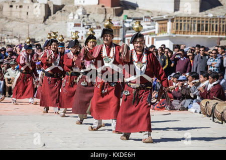 LEH, INDIA - SEPTEMBER 26: Unidentified artists in Ladakhi costumes at the Ladakh Festival on September 26, 2013, Leh, India. Stock Photo