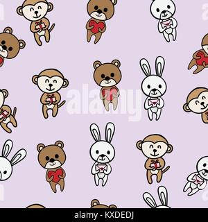 Seamless cute animal pattern background. Doodle style. Valentine day concept. bear and heart shape. Rabbit and letter. Monkey and gift box. Vector ill Stock Vector