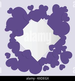 Valentine's day concept Ultra violet trend of year 2018 color. Paper cut heart shape and square. Abstract background with space. vector illustration. Stock Vector