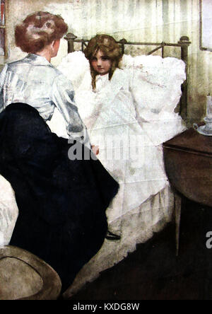 1940s - a child going to bed with her mother in typical fashionable clothes of the time, sitting on the bed Stock Photo