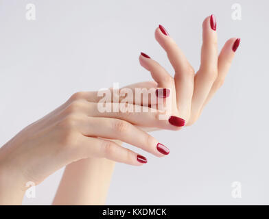Closeup of hands of a young woman with dark red manicure on nails against white background Stock Photo