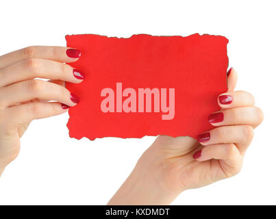 Hands holding red paper isolated on white background. Empty blank for your text. Stock Photo