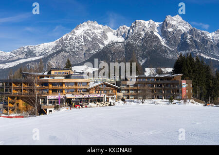 Holzhotel Forsthofalm in front of the Leoganger Steinbergen, Ski area Saalbach Hinterglemm Leogang Fieberbrunn, Leogang Stock Photo