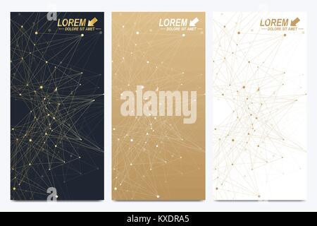Modern golden set of vector flyers. Modern stylish polygonal pattern with connected line and dots. Molecule and communication background for medicine, science, technology, chemistry. Stock Vector