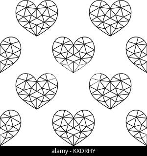 Geometric heart vector seamless pattern, Valentine's Day black hearts on white background Stock Vector