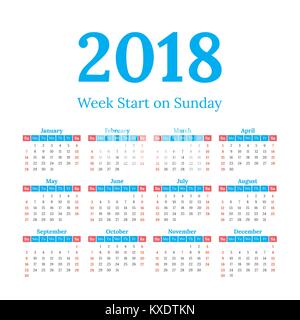 2018 calendar start on sunday Stock Vector