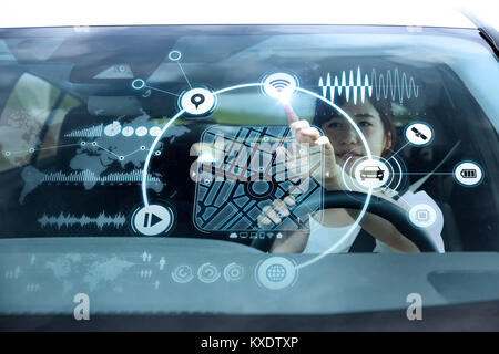 Heads up Display (HUD) of vehicle. Graphical User Interface (GUI). Futuristic car. Automotive technology. Stock Photo