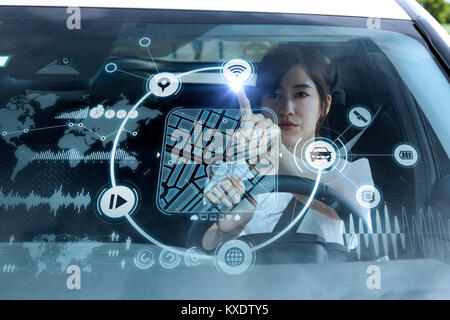 Heads up Display (HUD) of vehicle. Graphical User Interface (GUI). Futuristic car. Automotive technology. Stock Photo