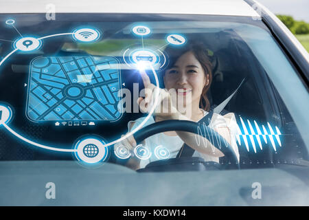 Heads up Display (HUD) of vehicle. Graphical User Interface (GUI). Futuristic car. Automotive technology. Stock Photo