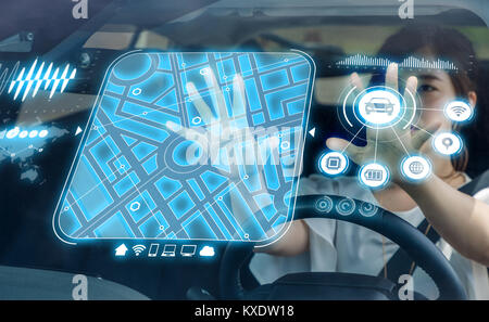 Heads up Display (HUD) of vehicle. Graphical User Interface (GUI). Futuristic car. Automotive technology. Stock Photo