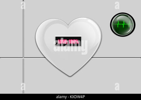 White 3D shiny heart with word love written in pink, and with green button with heart beat display Stock Photo