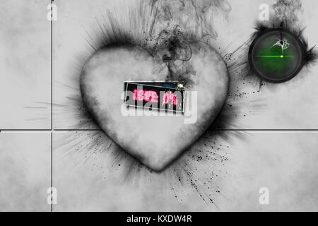 Broken 3D white heart with black smoke coming from it, word love written in pink and green button with cardiac flat line in corner Stock Photo