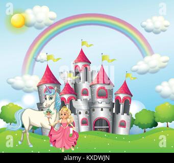 Background scene with princess and unicorn at pink castle illustration Stock Vector