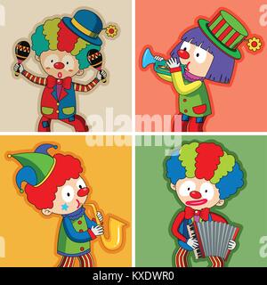 Happy clowns playing different instruments illustration Stock Vector