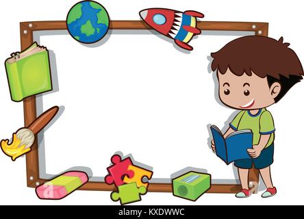 Border template with boy reading book illustration Stock Vector