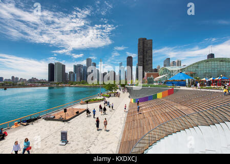 Navy Pier and Chicago skyline at sunny summer day, Illinois, USA. Stock Photo