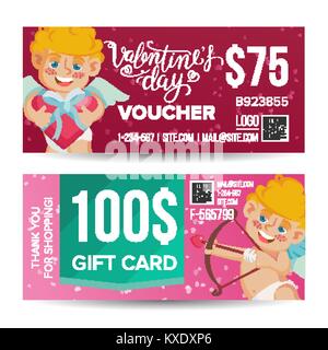 Valentine s Day Voucher Design Vector. Horizontal Discount. February 14. Valentine Cupid And Gifts. Love Advertisement. Marketing Red Illustration Stock Vector